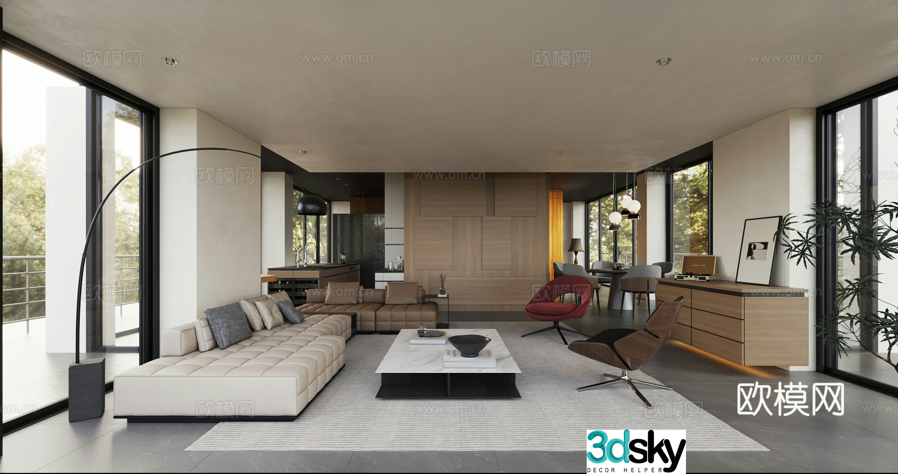 Italian minimalist villa living room large flat floor horizontal hall duplex living room 3D model