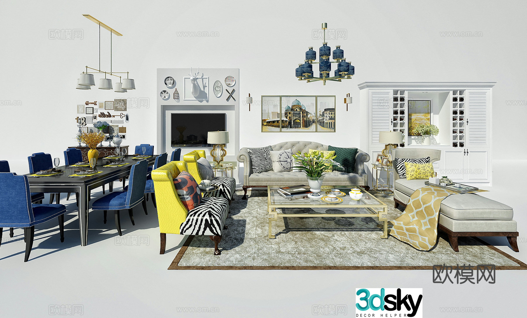 American fabric sofa chandelier dining table chair coffee table decoration painting combination 3D model