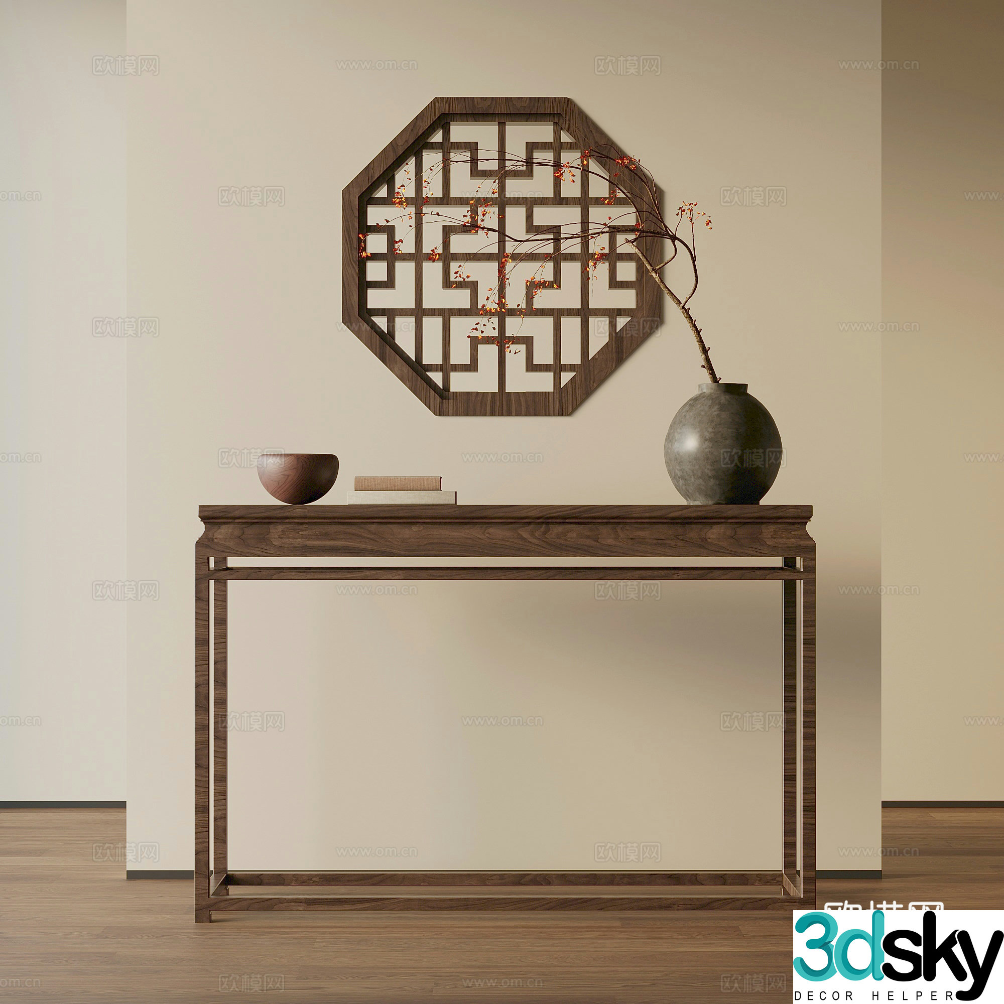 End view cabinet new Chinese style entrance cabinet end view cabinet wooden window bonsai flower art 3D model