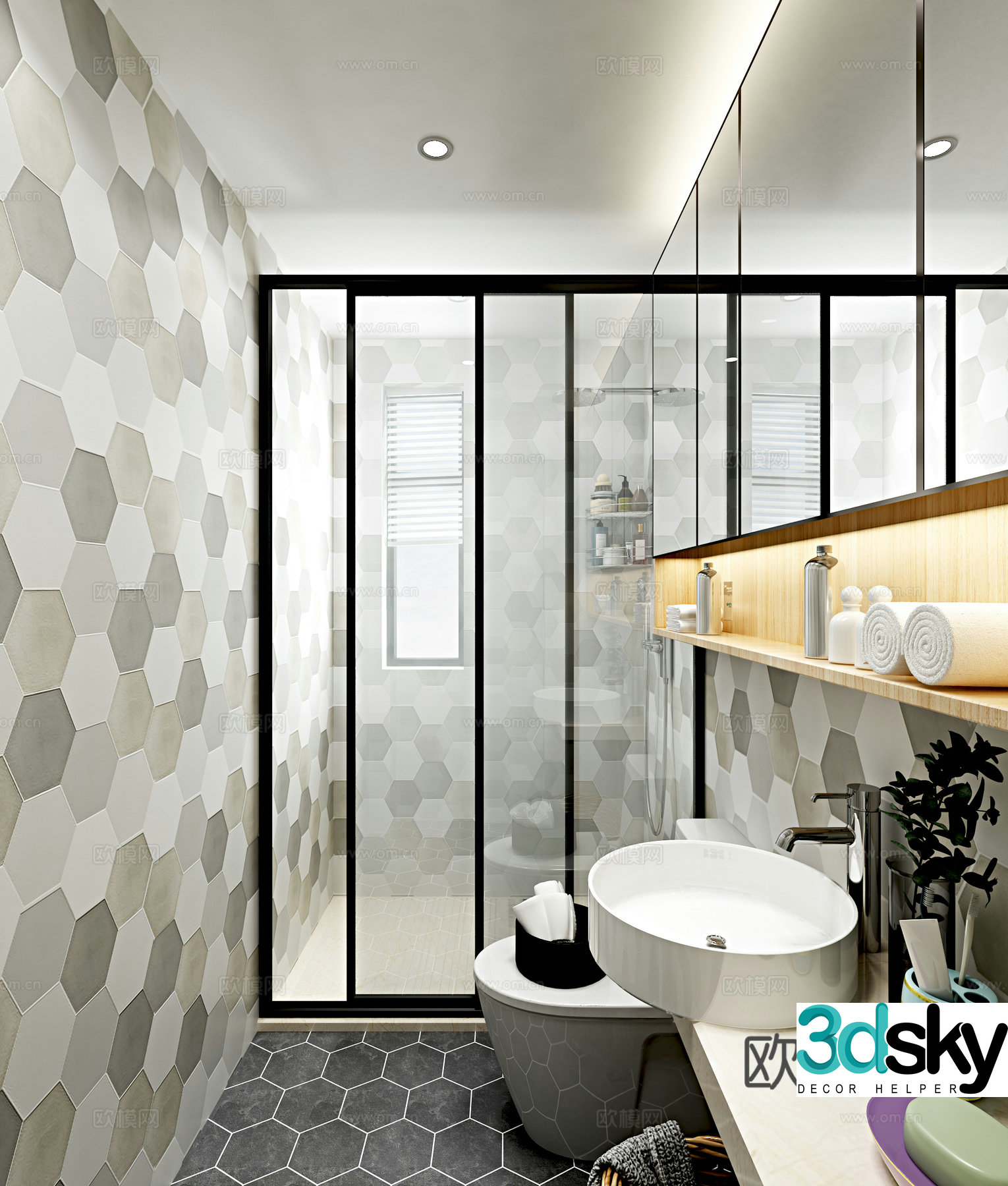 Nordic bathroom bathroom mirror toilet wash basin shower cabinet hexagonal tiles 3d model