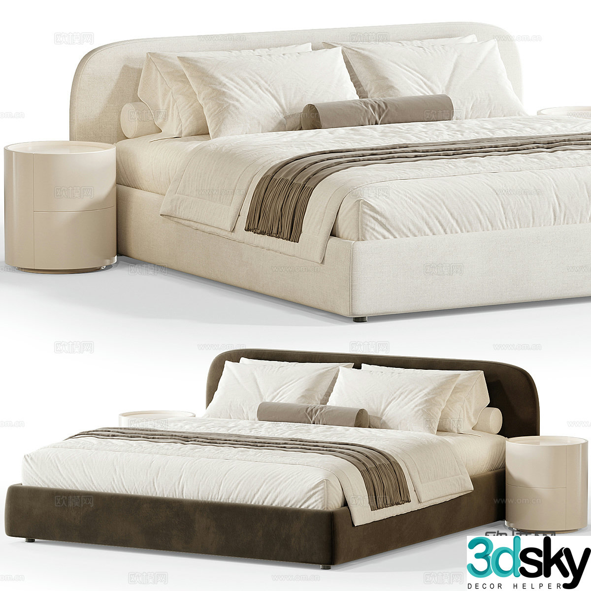 Modern cream style fabric double bed 3d model