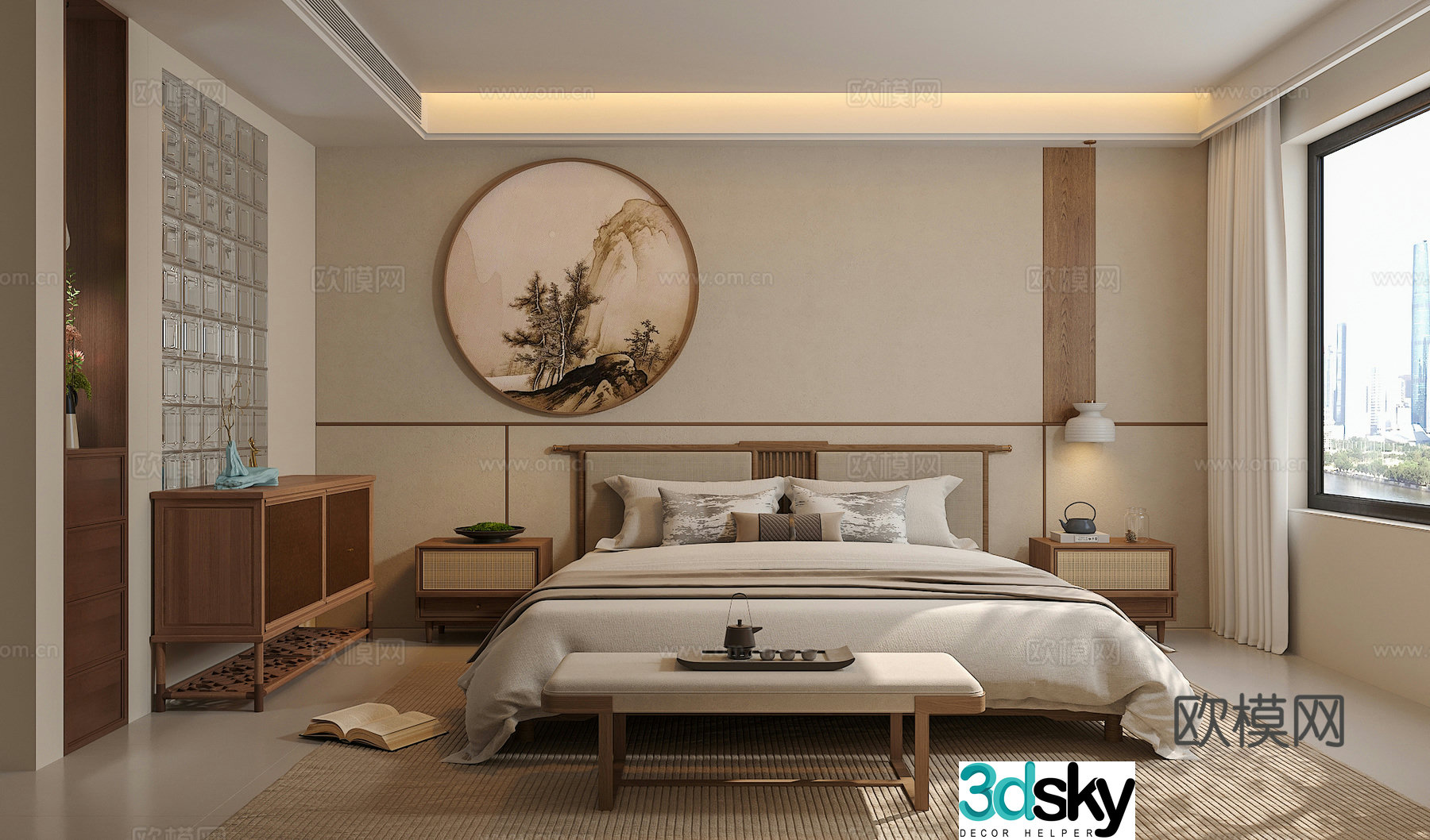 Song’s medieval style bedroom double bed combination bedside table green plant ornaments side cabinet back 3D model