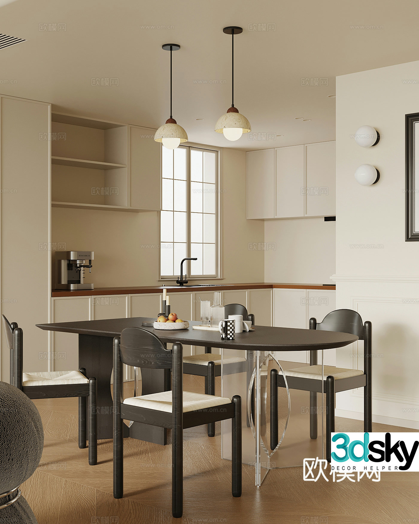 Restaurant French retro style restaurant dining table and chair cabinet 3d model