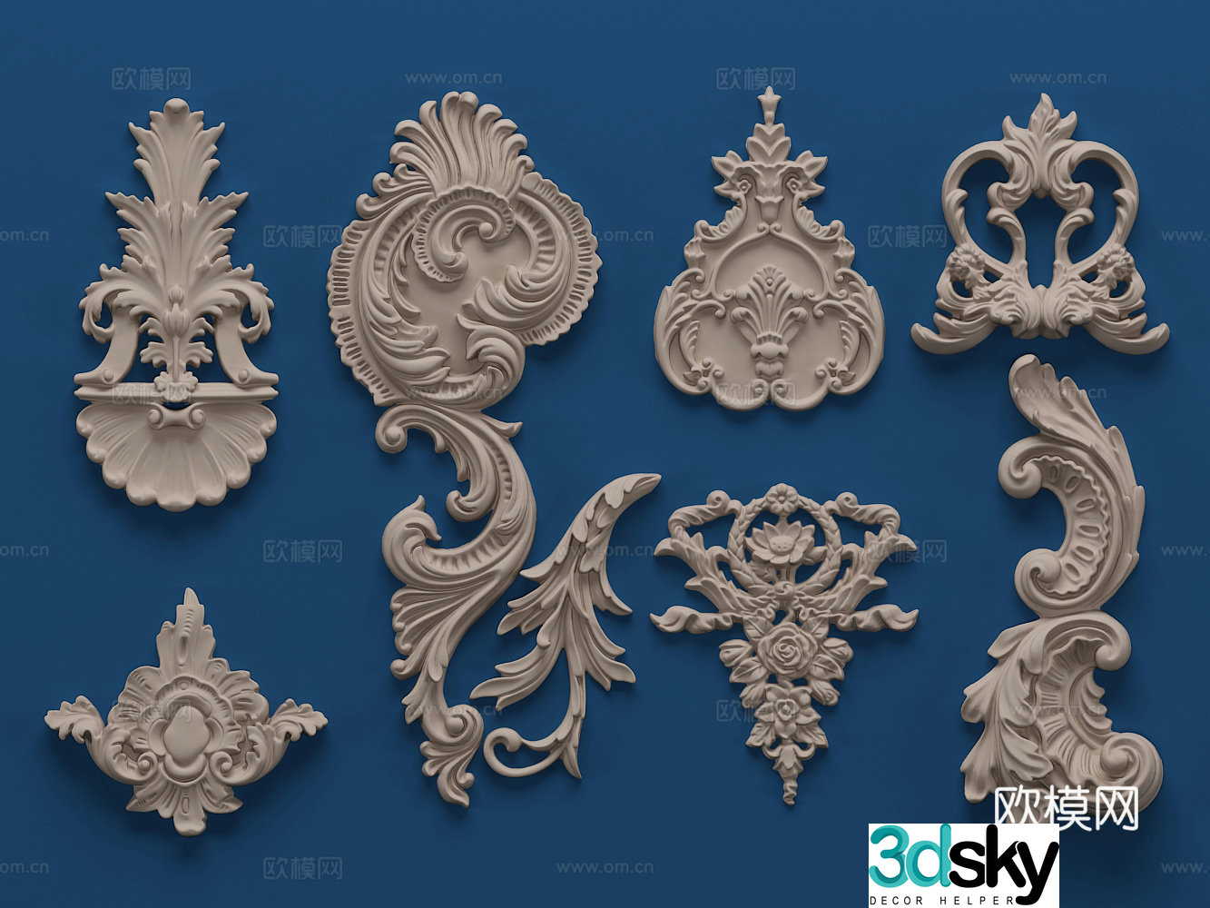 European gypsum carving carving single flower diagonal flower 3d model