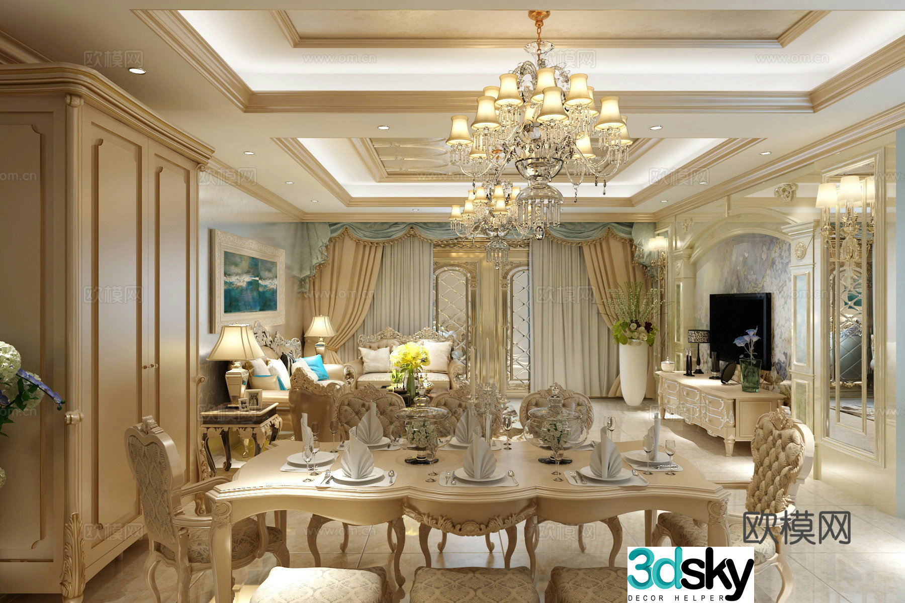 European style living restaurant chandeliers multi-person sofas coffee tables TV cabinets ornaments 3D model of hanging paintings