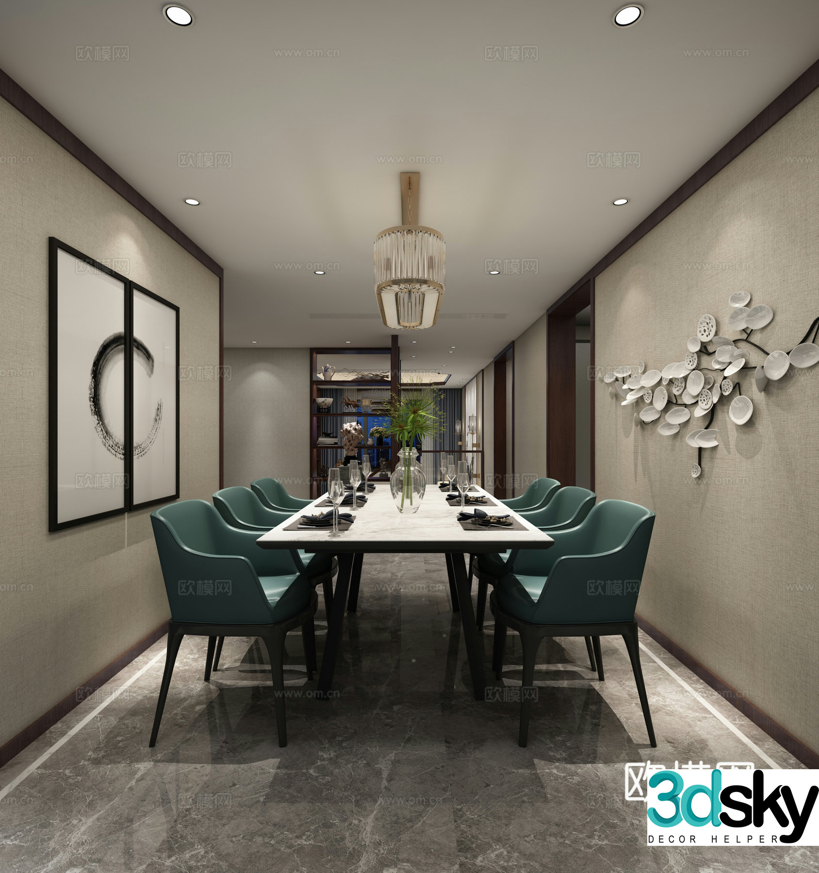 New Chinese style living and dining room chandeliers multi-person sofa coffee table storage rack ornaments 3D model of hanging paintings
