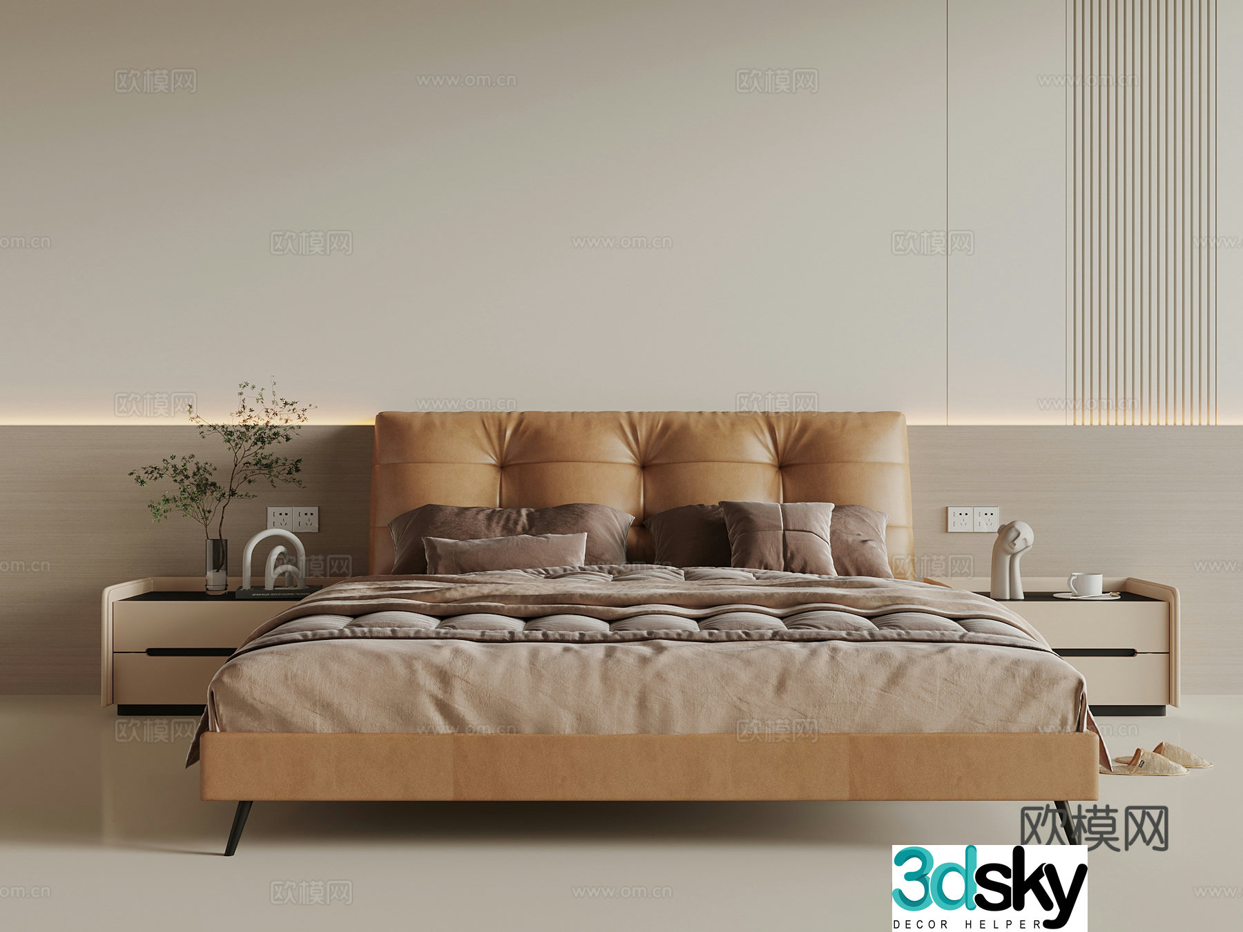 Modern minimalist leather double bed bedside table 3d model