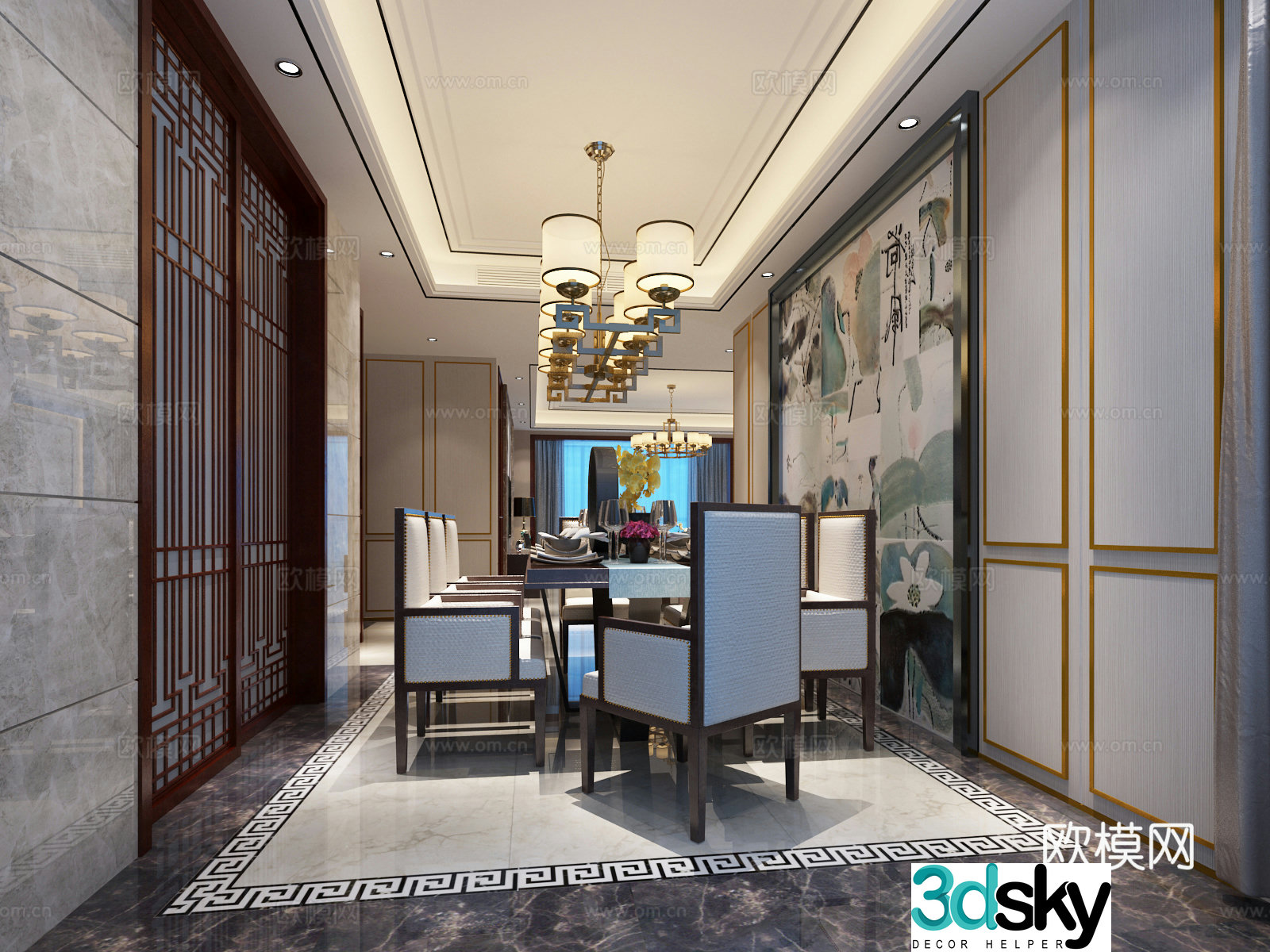 New Chinese style living and dining room chandeliers table lamp multi-person sofa single sofa coffee table decorative 3D model