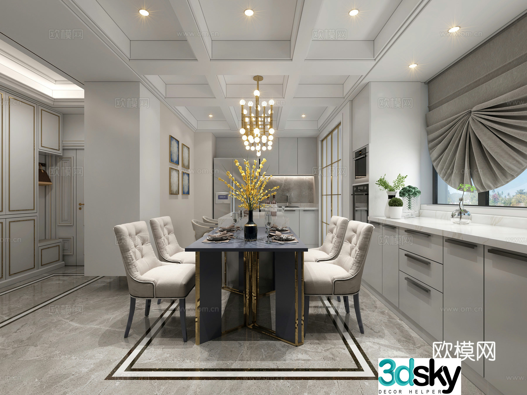 Simple French Luxury Restaurant Dining Table and Chair Chandelier Curtain Bar Chair 3D Model