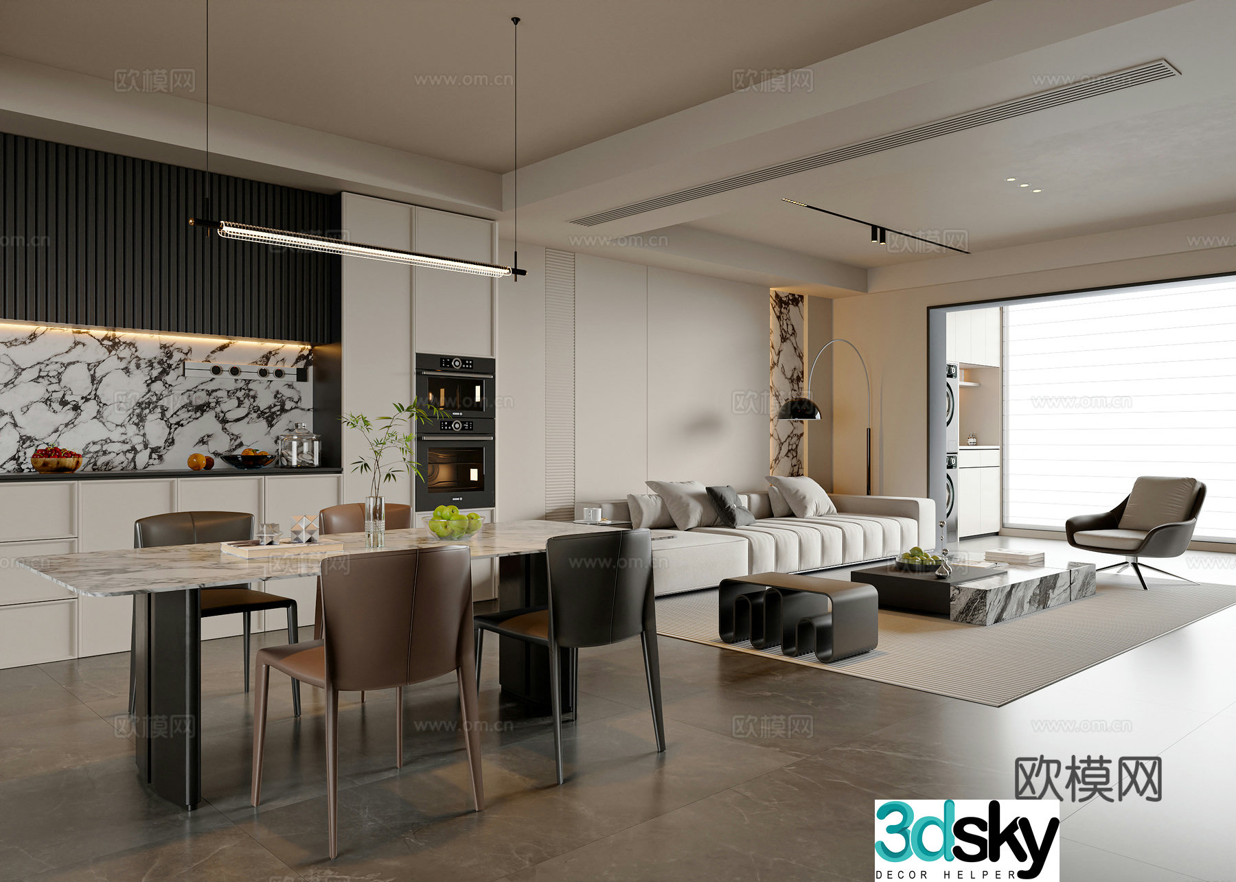 Modern simple living dining room dining table and chair combination sideboard sofa and coffee table combination living room ornaments 3D model