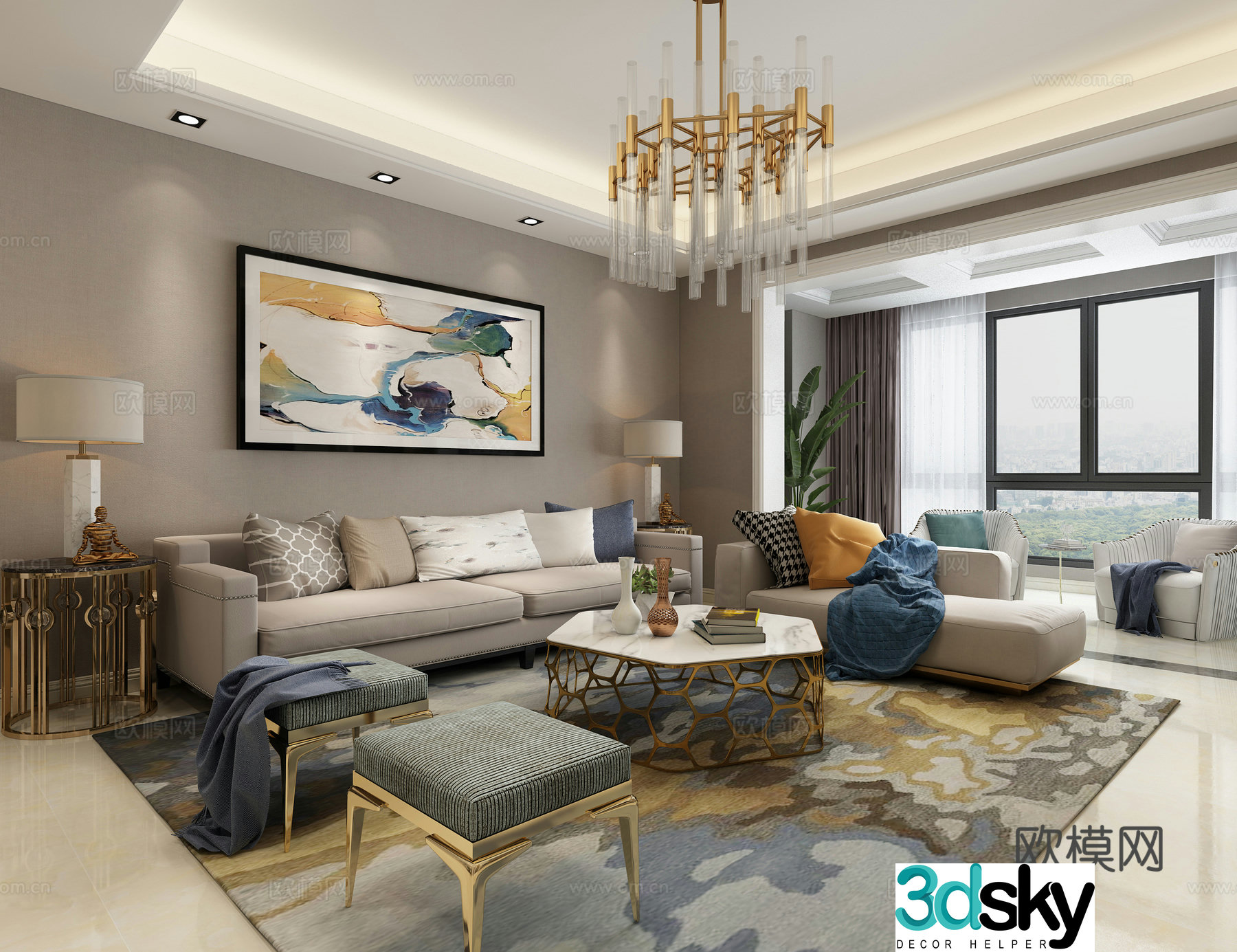 Modern living and dining room chandeliers desk lamp multi-person sofa single sofa coffee table decorative cabinet 3D model