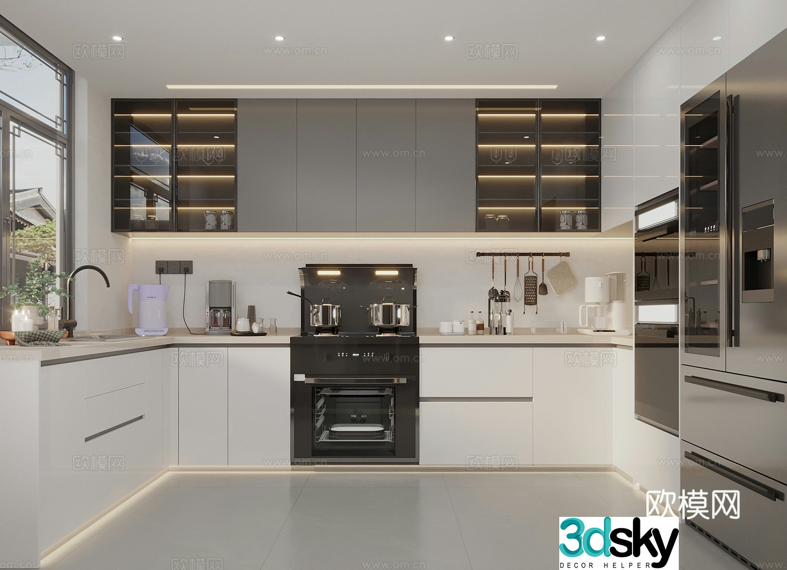 Modern cream kitchen kitchen appliances kitchen supplies combination sink refrigerator integrated stove 3D model