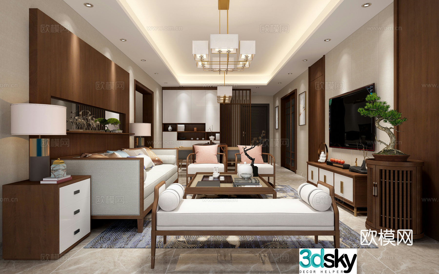New Chinese style living and dining room chandeliers table lamp multi-person sofa single sofa coffee table decorative 3D model