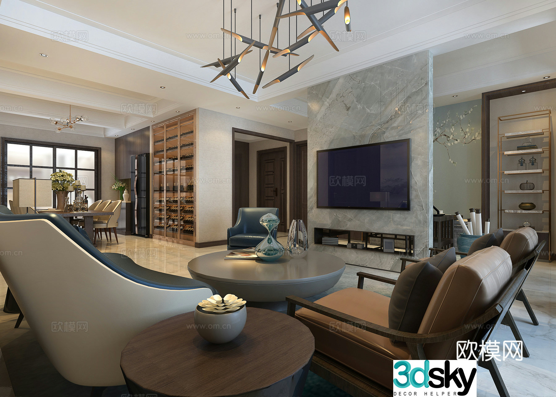 Modern living and dining room sofa chair wine cabinet Samsung refrigerator 3d model 3d model