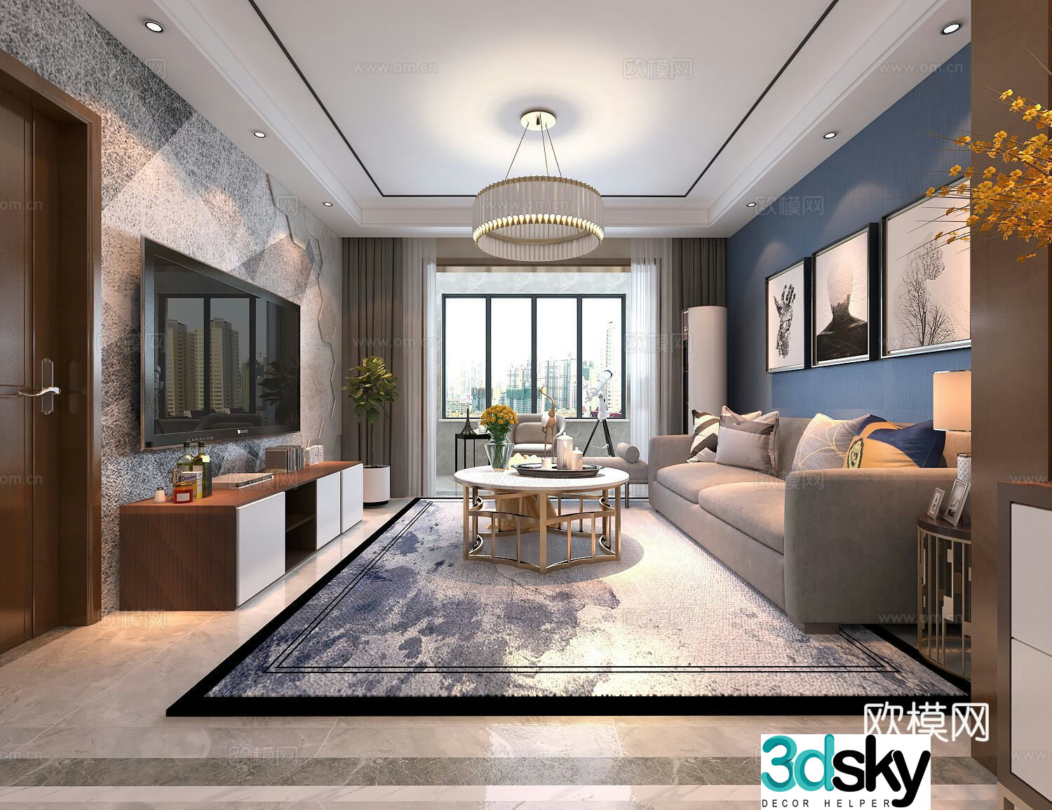Modern living and dining room 3D model Dining table and chairs Sofa coffee table Chandelier Desktop ornaments Hanging painting 3D model