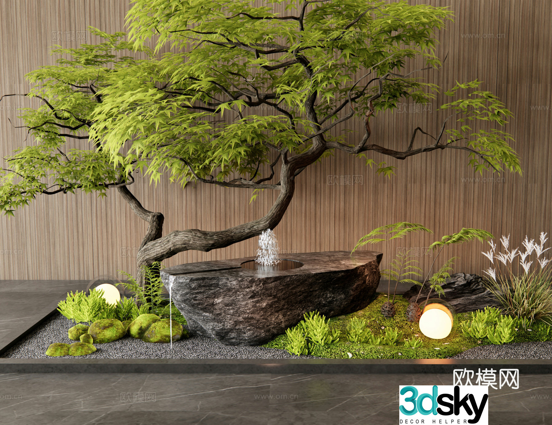 New Chinese waterscape water bowl flowing water ornament stone mortar waterscape moss feather maple plant pile 3d model