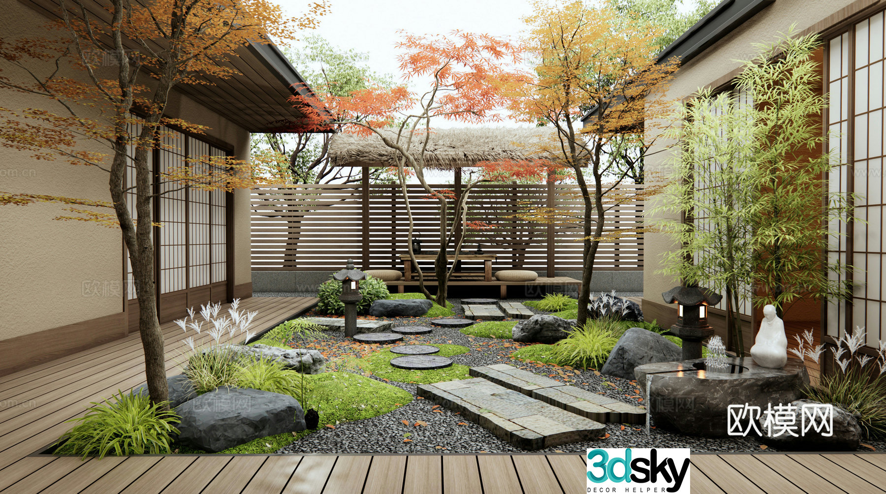 Japanese Zen Garden Old Stone Slab Ting Steps Dead Landscape Water Bottle Water View Micro Terrain Red Maple 3D Model