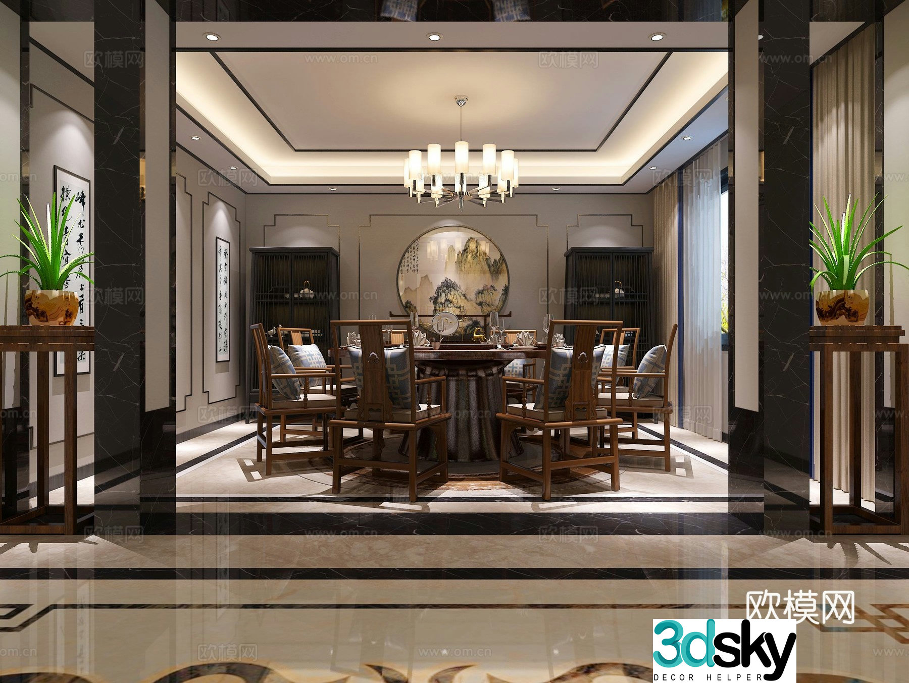 New Chinese style living room empty living room Chinese chandeliers dining tables and chairs living room 3D model
