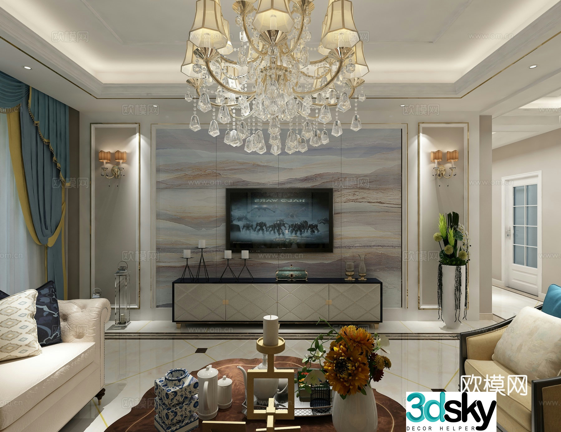 European style living and dining room crystal lamp chandelier TV cabinet sofa coffee table dining table 3D model