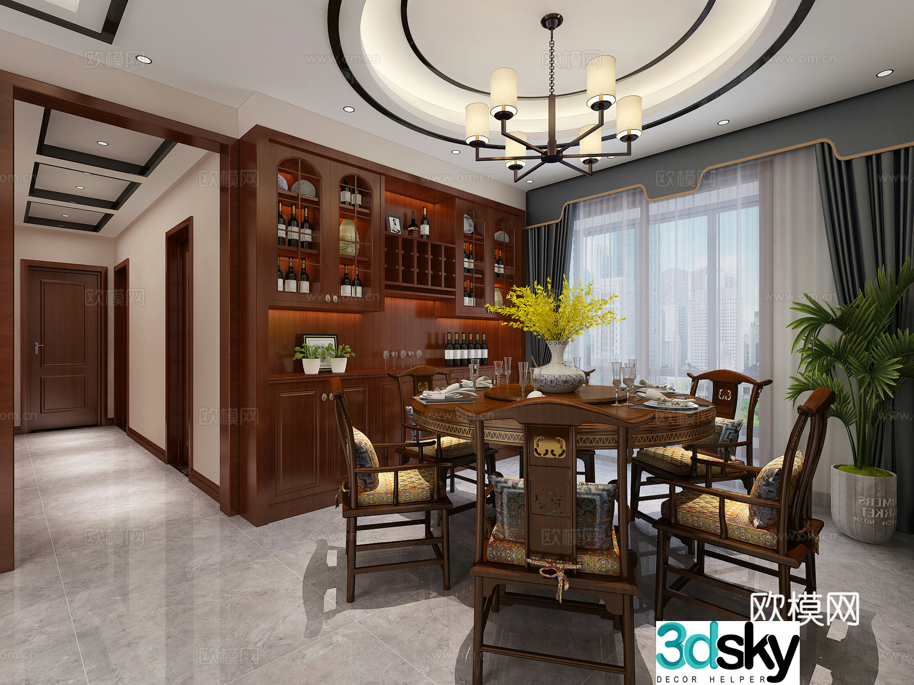 Chinese living and dining room sofa and coffee table combination TV cabinet combination dining table and chair combination chandelier 3D model