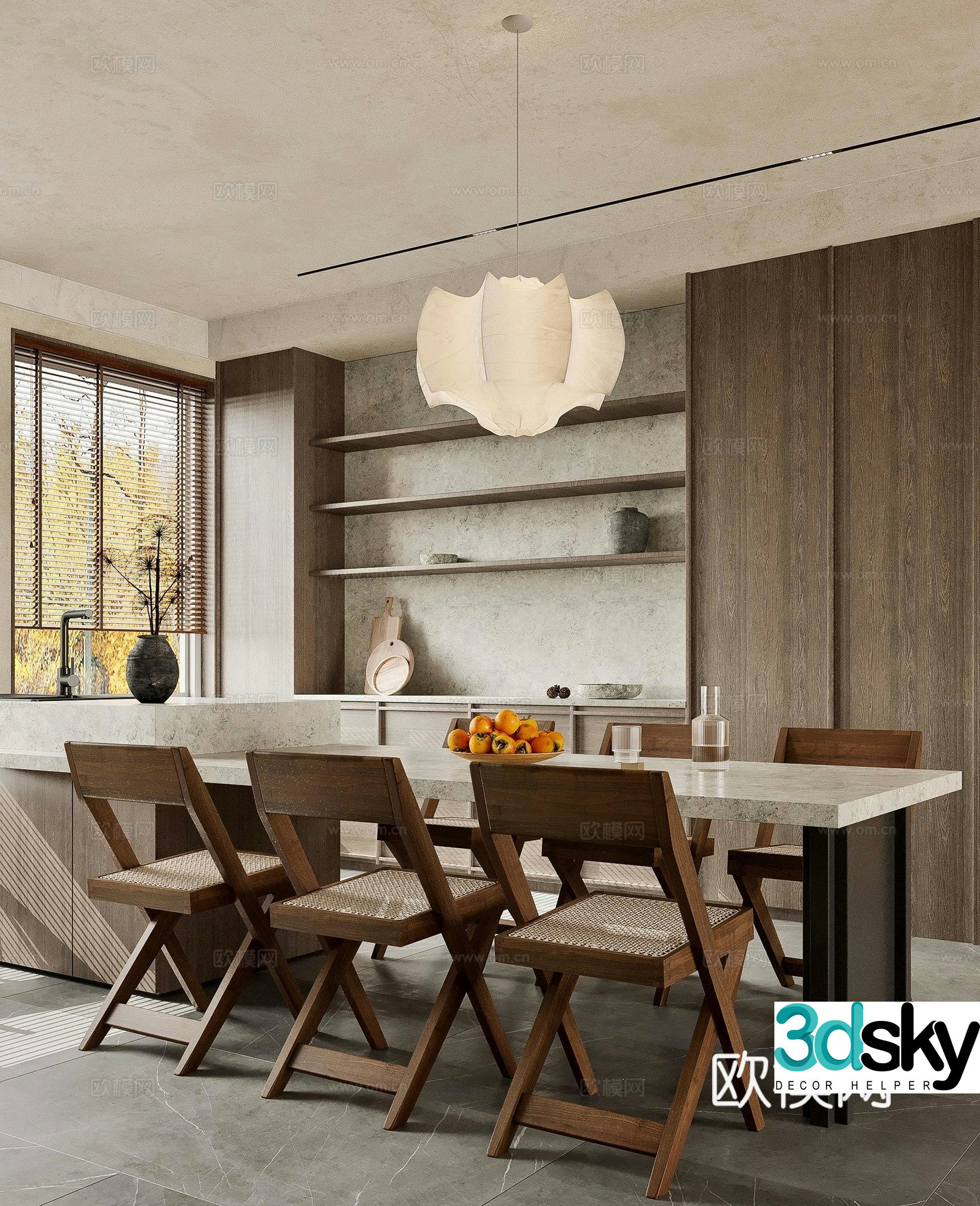Wasabi Zen Restaurant Wasabi Dining Table and Chairs Chandelier Ornaments Side Cabinet 3D Model