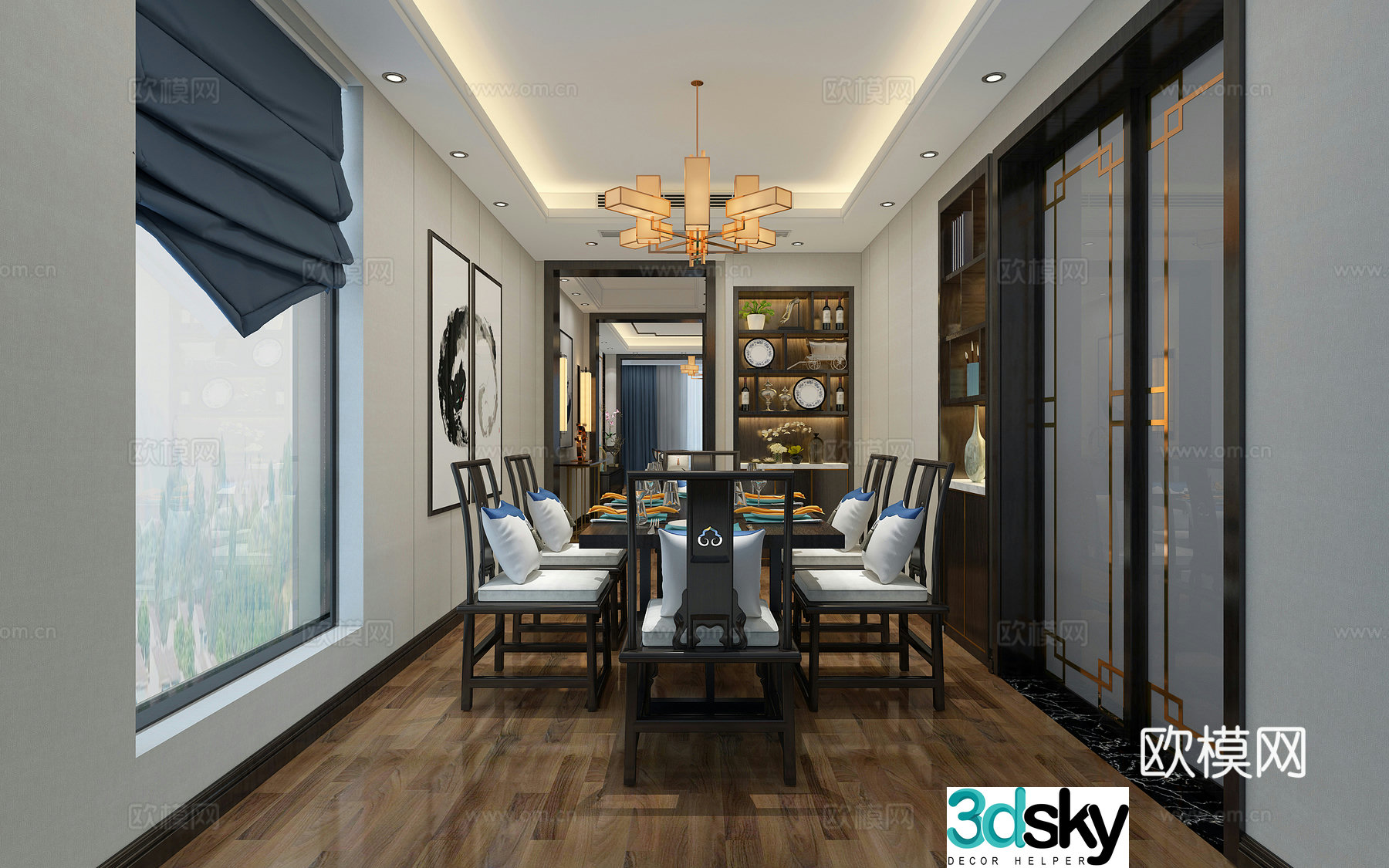 New Chinese style living and dining room sofa and coffee table dining table and chairs hanging paintings objects ornaments chandeliers 3D model