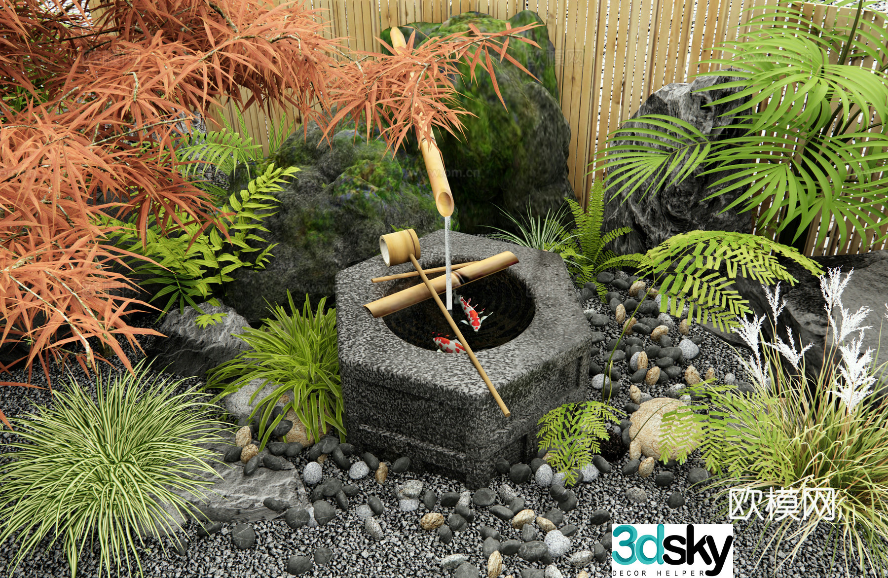 Japanese waterscape water bowl flowing water ornament stone mortar waterscape courtyard landscaping courtyard waterscape stone 3d model