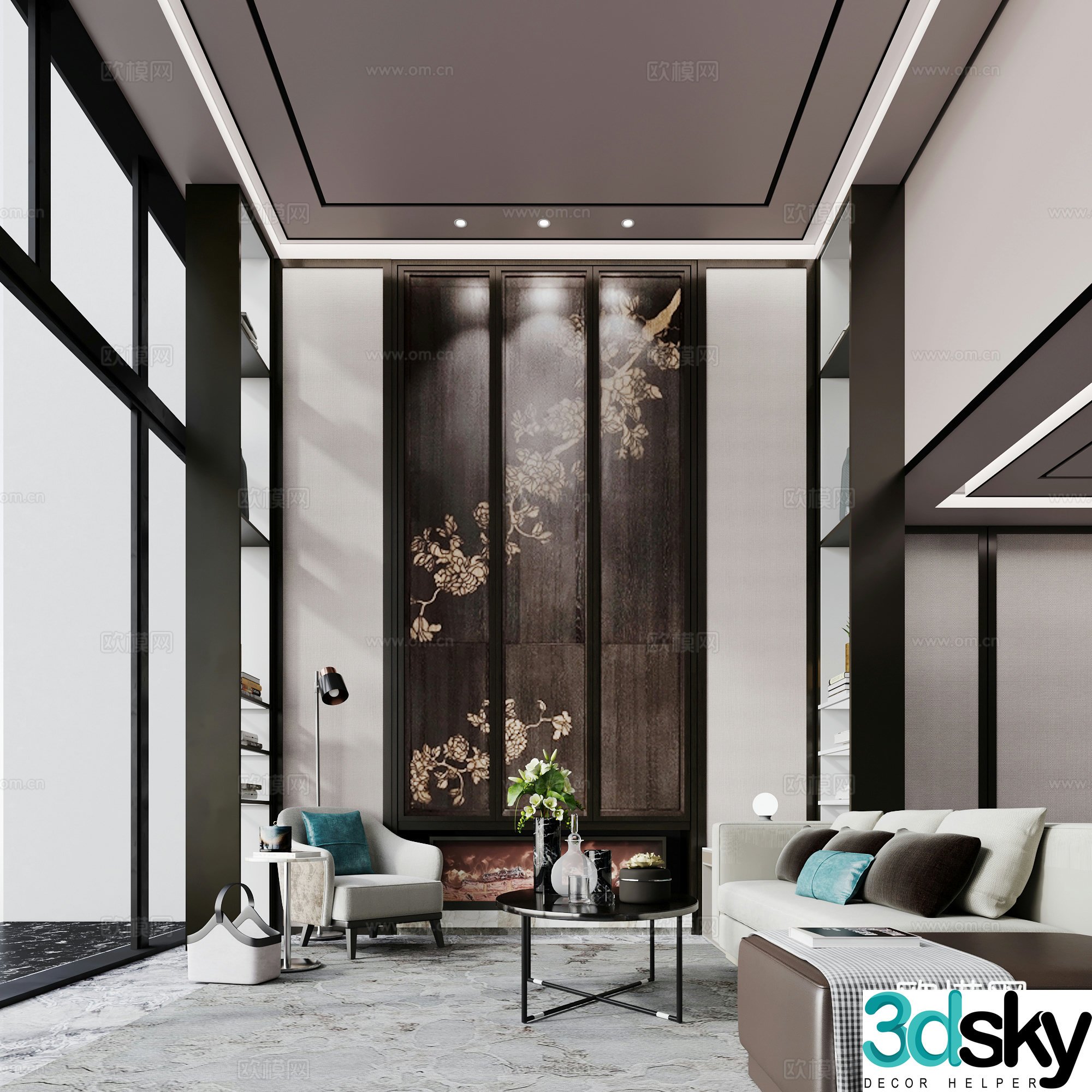 Villa new Chinese style living room sofa single chair coffee table TV background wall decoration flower and bird 3D model