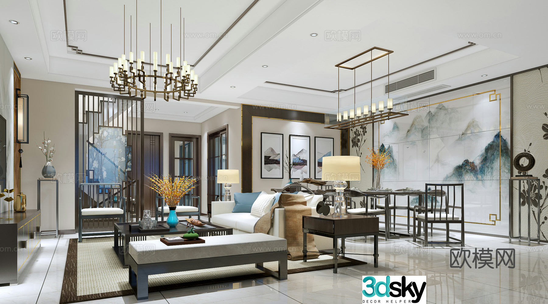 New Chinese style living and dining room sofa and coffee table dining table and chair chandeliers decorative cabinet ornament 3D model
