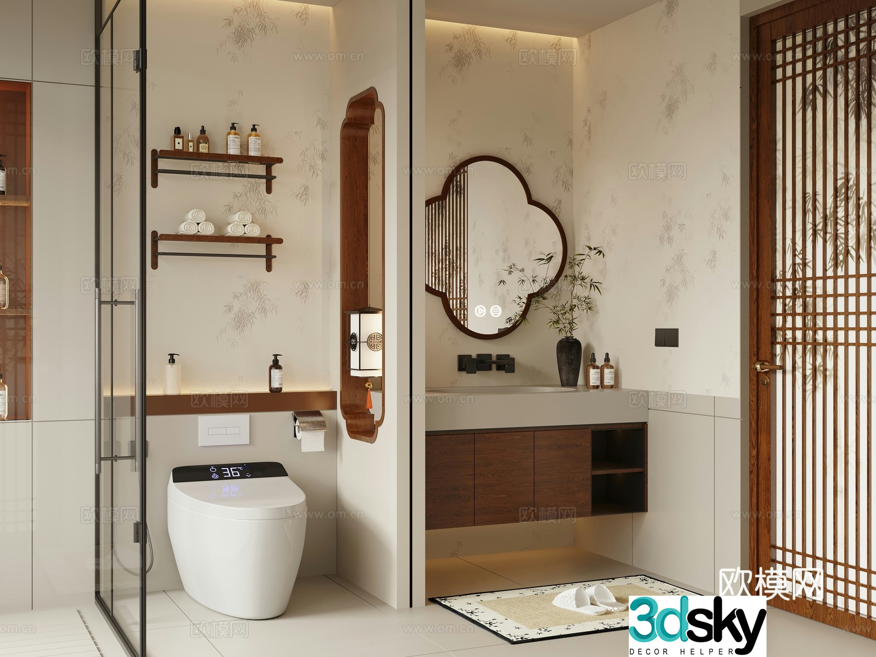 New Chinese-style Zen bathroom Song’s bathroom dry and wet separate bathroom half-wall bathroom 3D model
