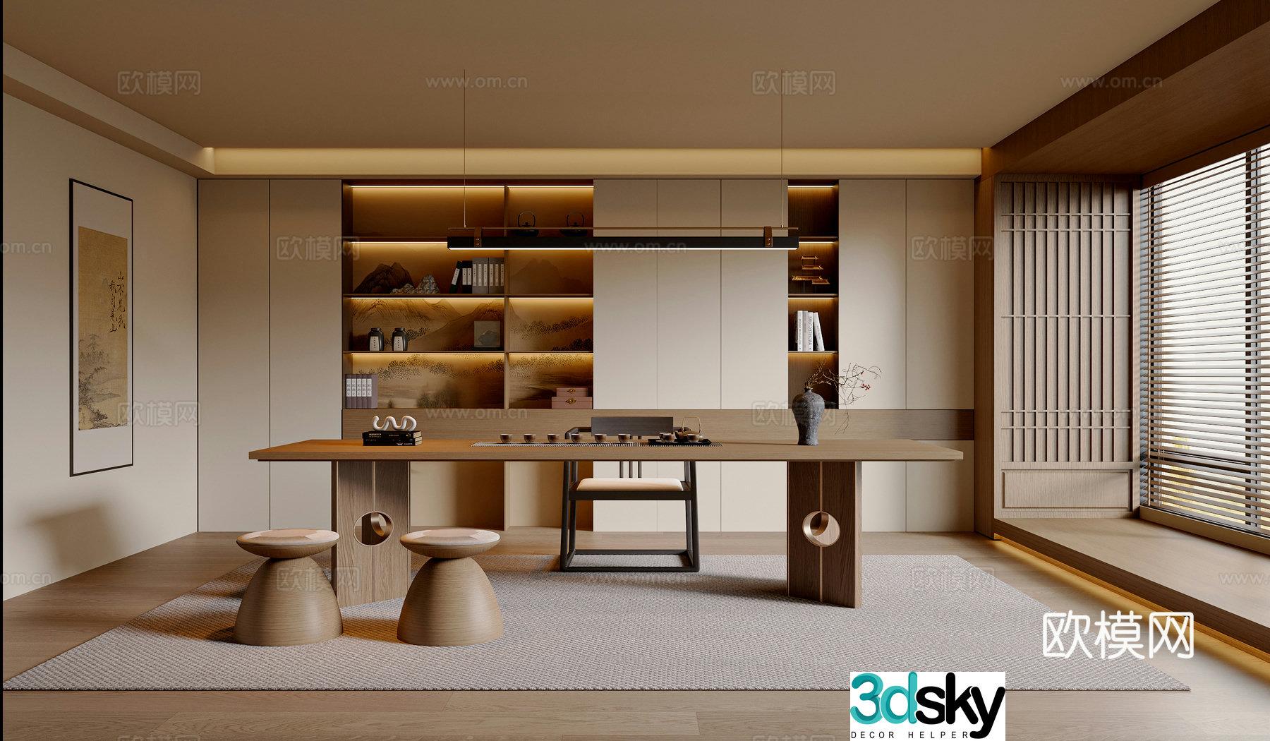 New Chinese style Song style tea room tea table and chair combination tea room cabinet chandelier tea set tea room ornament 3D model