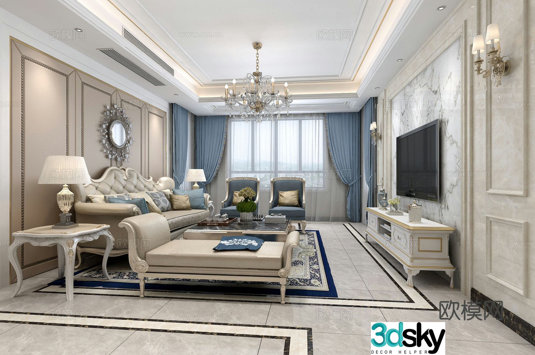 European-style simple living restaurant chandeliers table lamp multi-person sofa single sofa coffee table 3D model