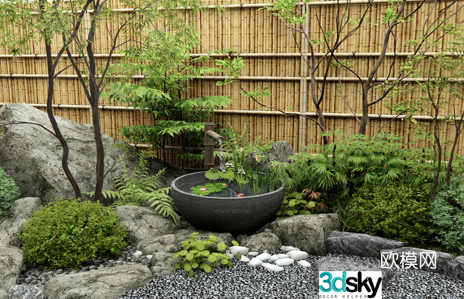 Japanese style courtyard sketch dry landscape water bowl stone mortar waterscape flowing water ornament stone placement landscape stone 3D model