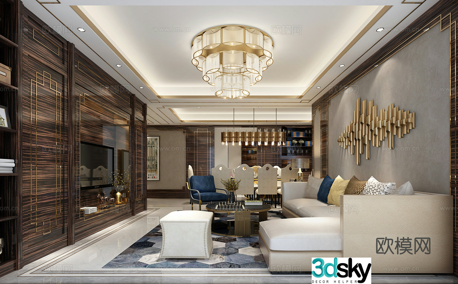 Modern living and dining room chandeliers sofa coffee table combination 3D model