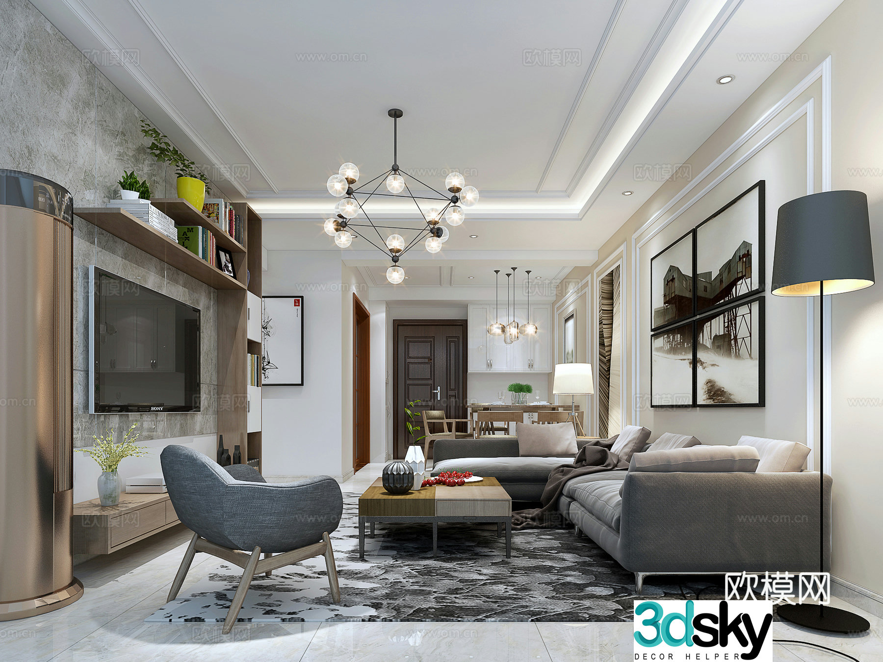 Modern style living and dining room sofa and coffee table dining table and chair chandeliers floor lamp cabinet 3d model