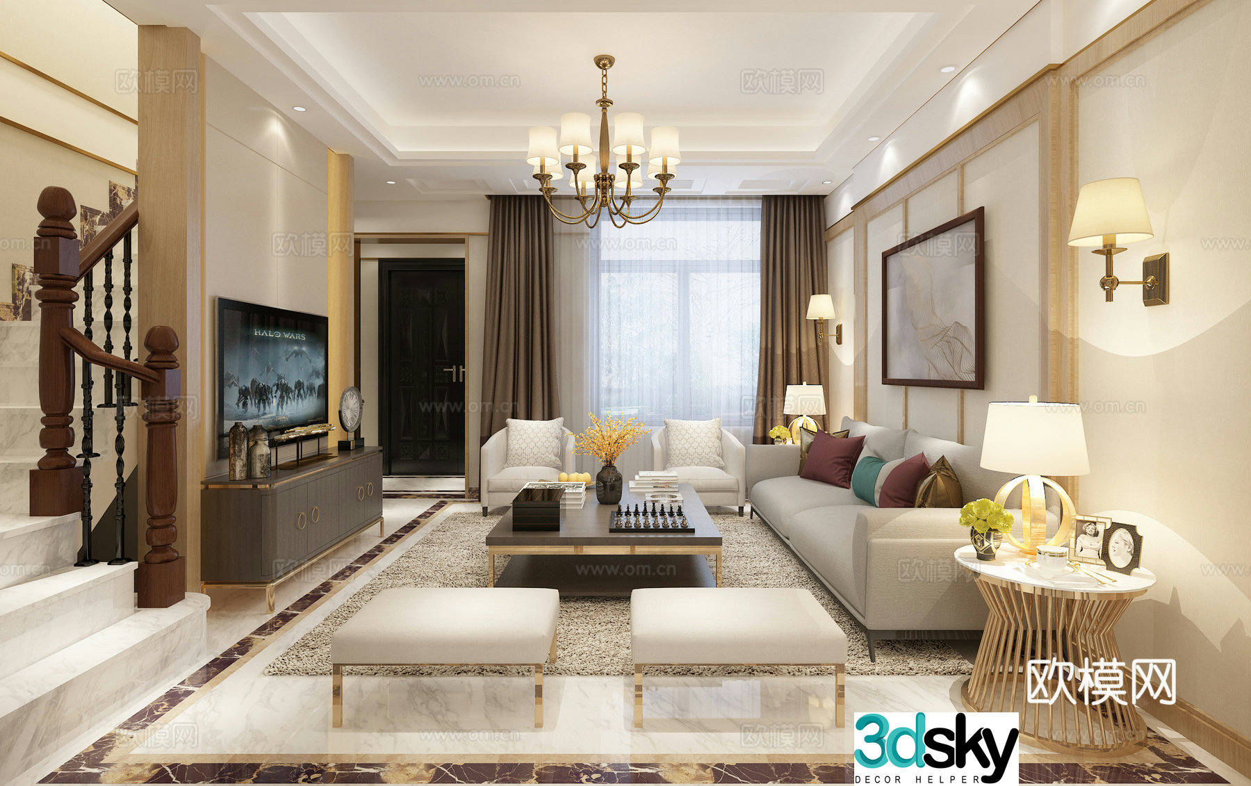 New Chinese style living and dining room chandeliers sofa 3d model