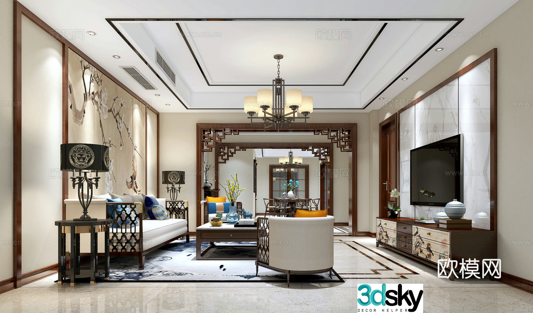 New Chinese style living and dining room sofa coffee table chandeliers dining table chairs TV cabinet desk lamp side table 3D model