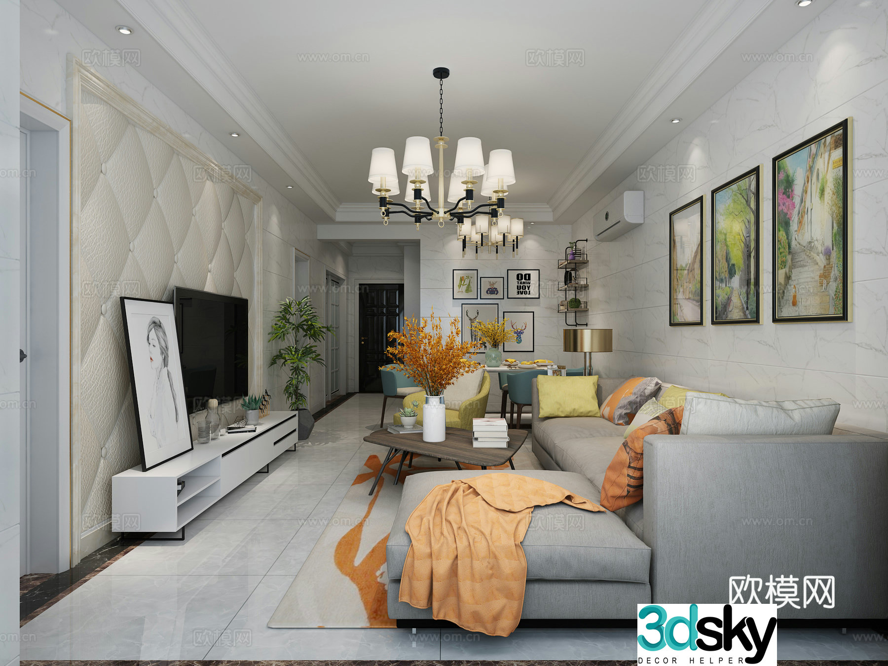 Modern living and dining room sofa dining table chandelier sofa coffee table 3d model