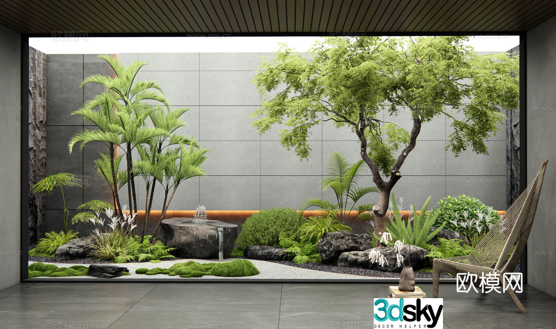 Modern interior landscape landscaping patio courtyard sketch stone moss plant landscaping water bowl 3D model