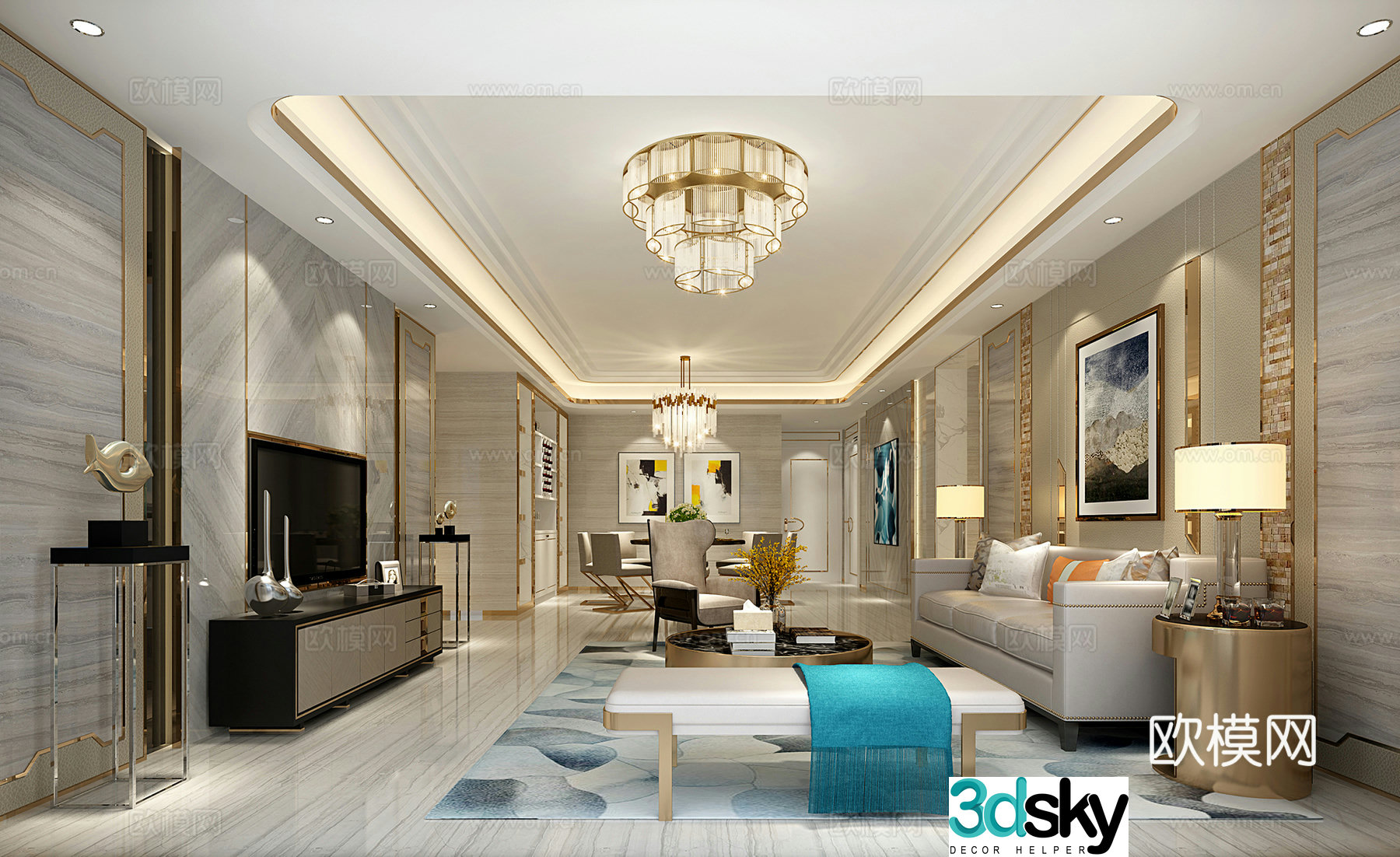 Modern living and dining room chandeliers TV cabinet sofa combination 3D model
