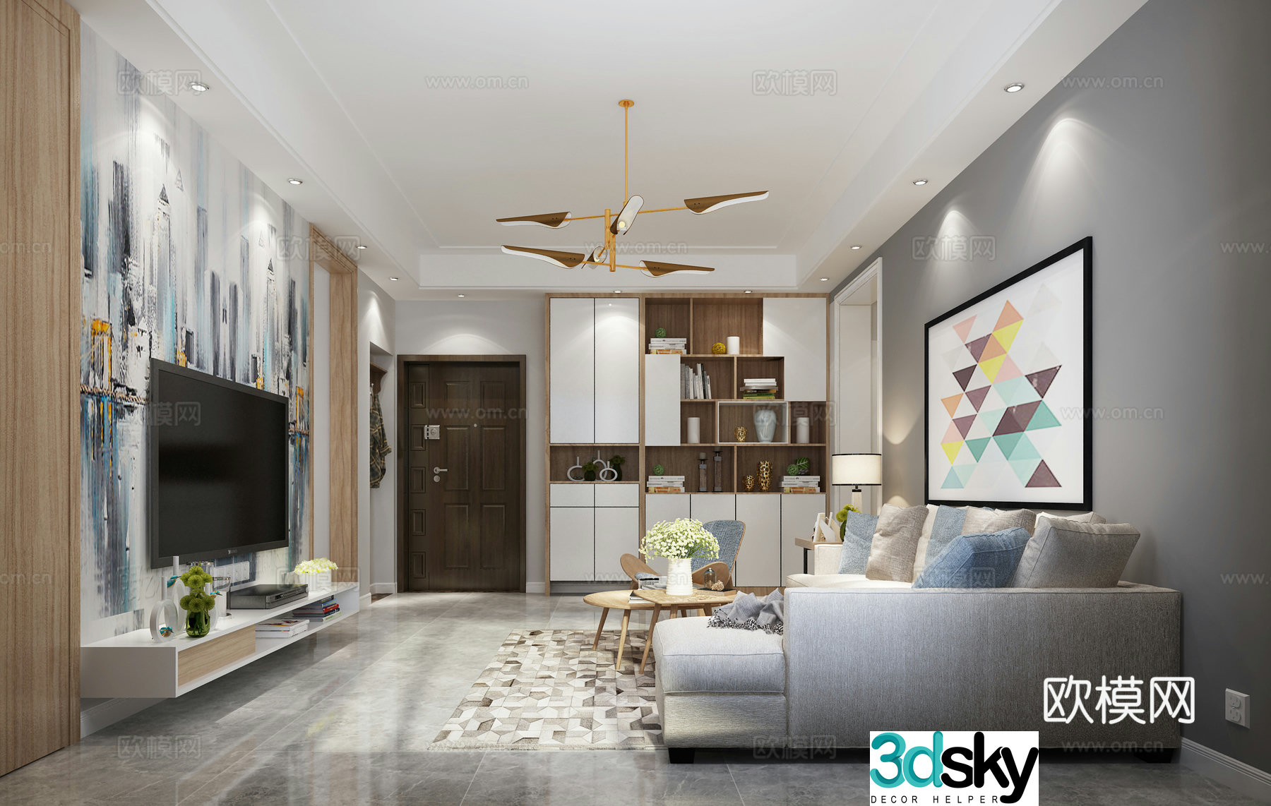 Modern gray living room sofa coffee table dining table chair hanging painting objects ornaments chandeliers 3d model