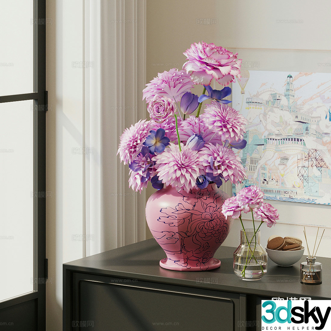 Modern flower art Pink flower art vase Ceramic vase Flower art Living room vase ornament 3D model
