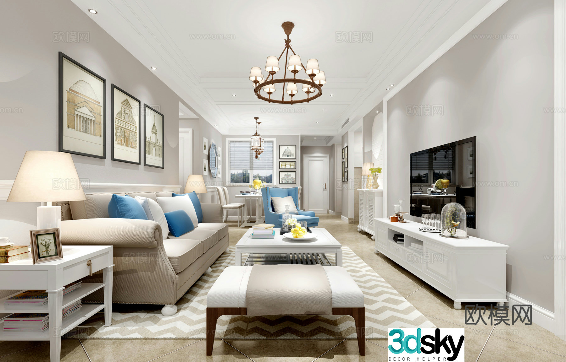 Simple American living and dining table chair sofa coffee table chandeliers desktop ornaments hang paintings 3D model