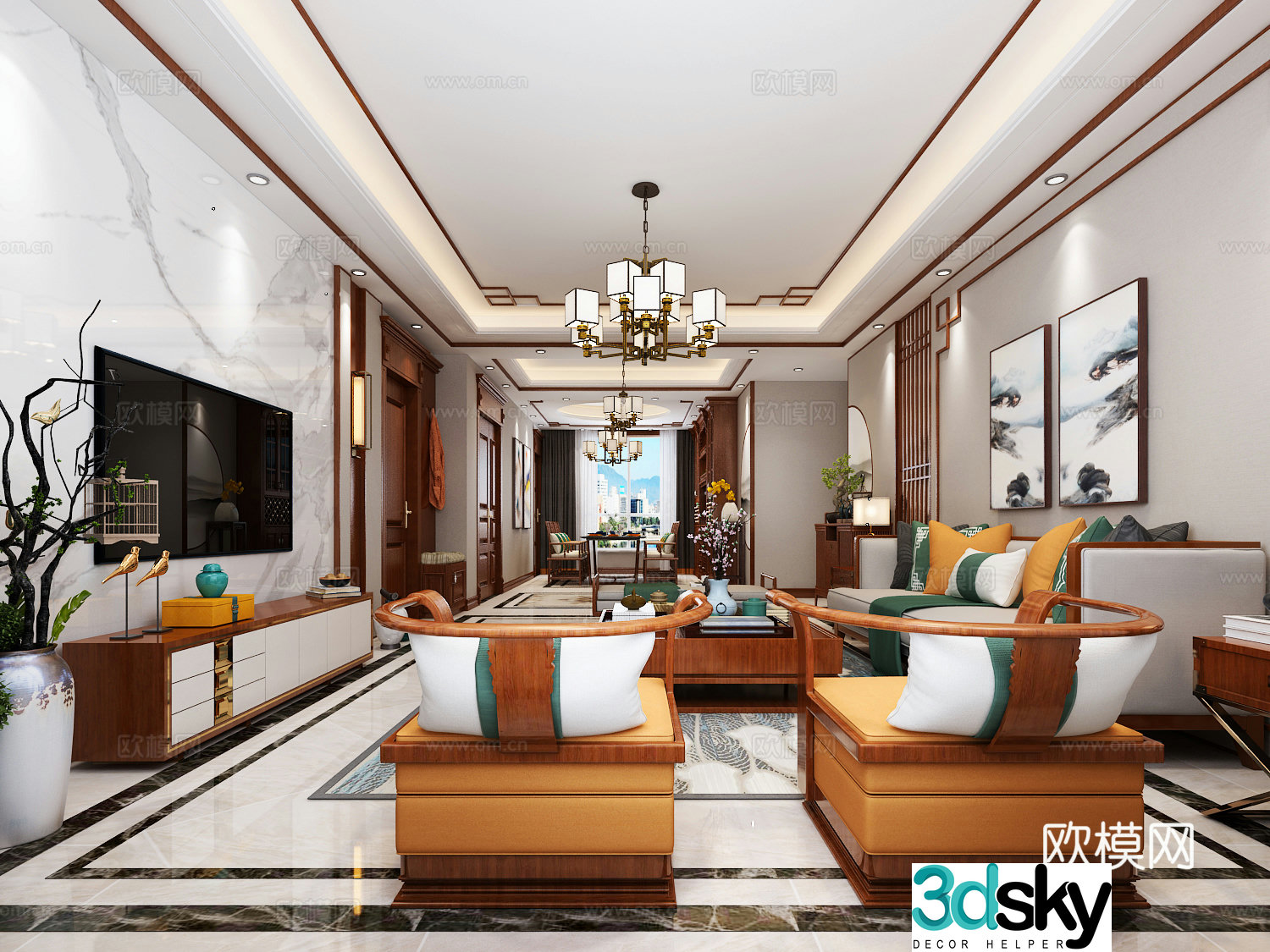 Chinese style new Chinese style living and dining room sofa TV cabinet decorative cabinet dining table wine cabinet hanging painting 3D model