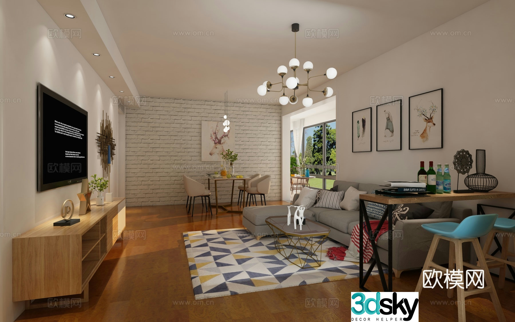 Simple European living and dining room TV chandelier sofa bar coffee table TV cabinet decorative painting 3D model