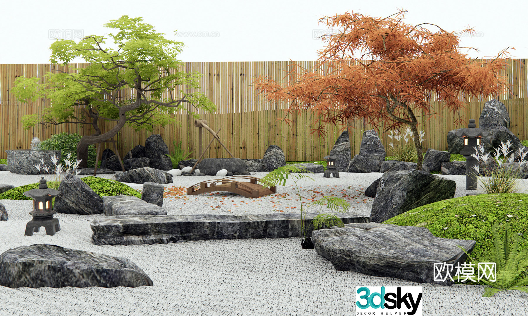 Japanese style dry landscape courtyard landscape stone red maple landscape tree feather maple water bowl stone 3d model
