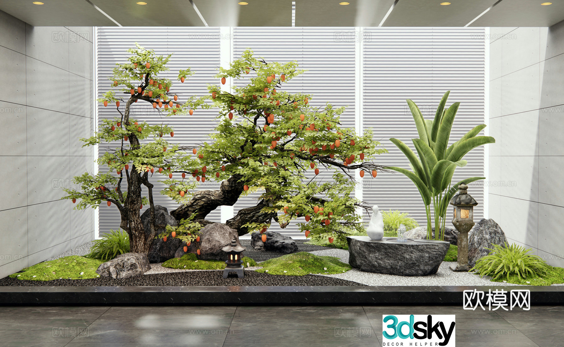 New Chinese style interior landscape courtyard sketch persimmon tree landscape tree old pile fruit tree 3d model