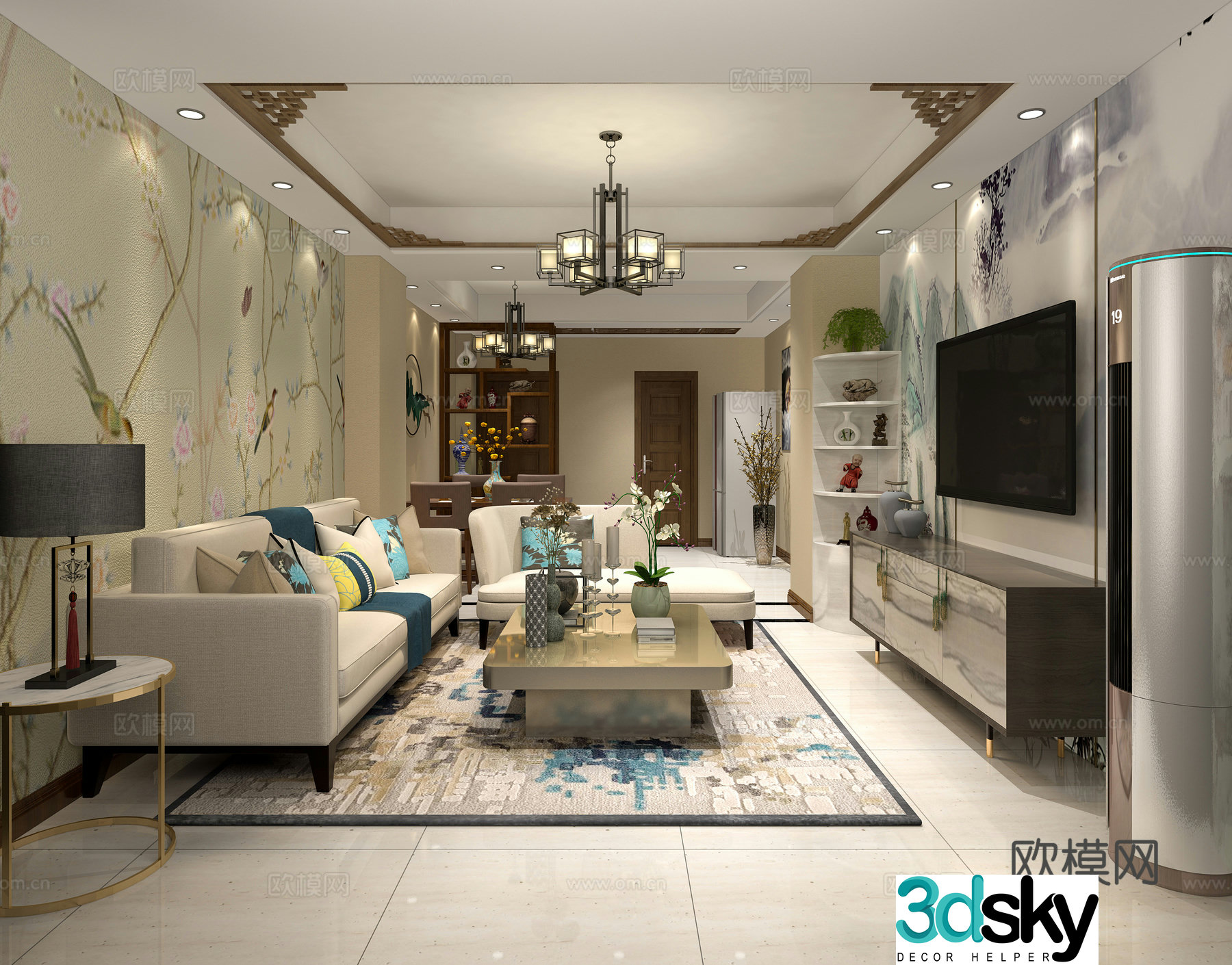 New Chinese style living and dining room air conditioning chandelier 3d model
