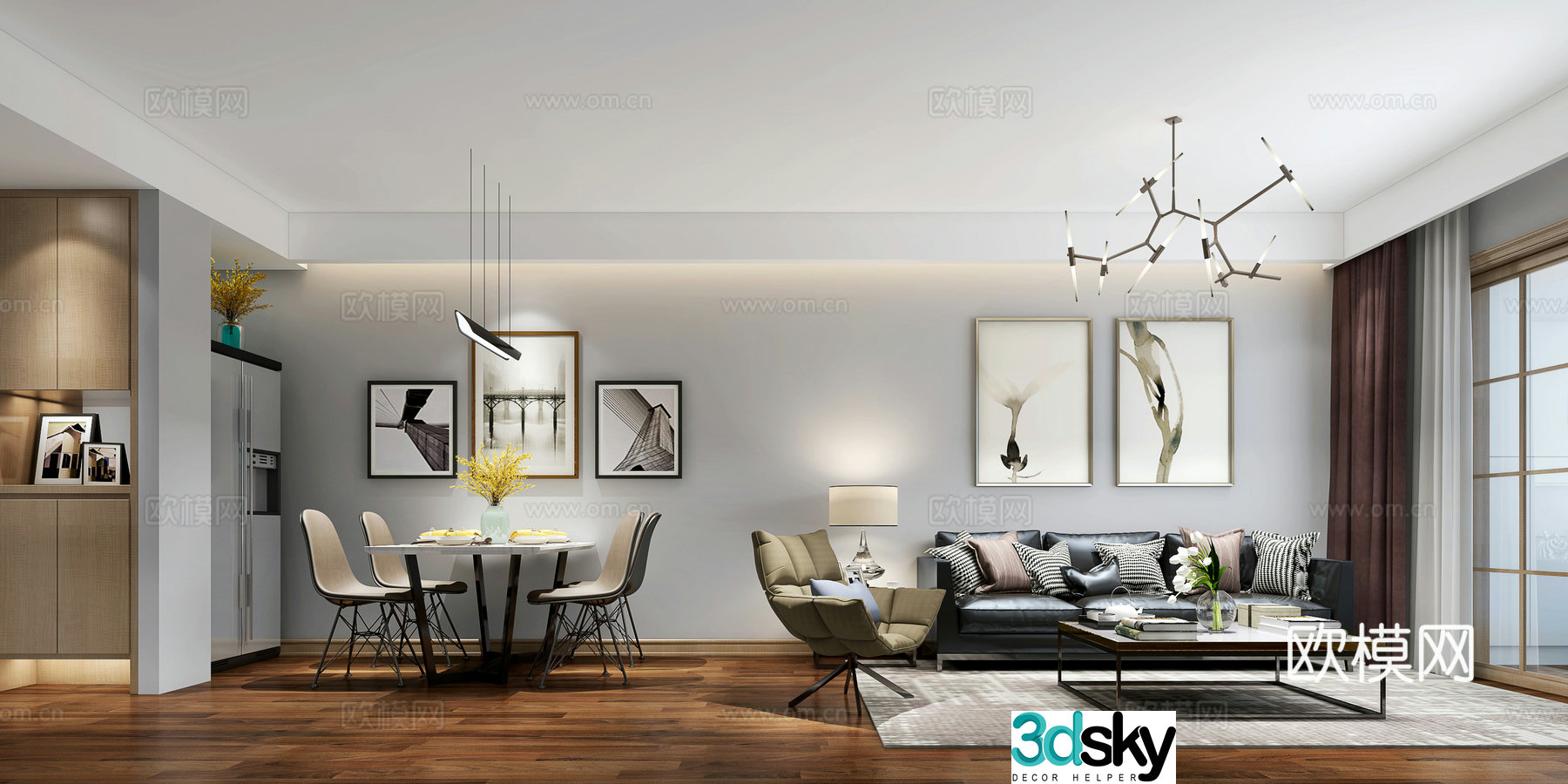 Modern style living and dining room sofa coffee table dining table chair chandeliers cabinets 3d model