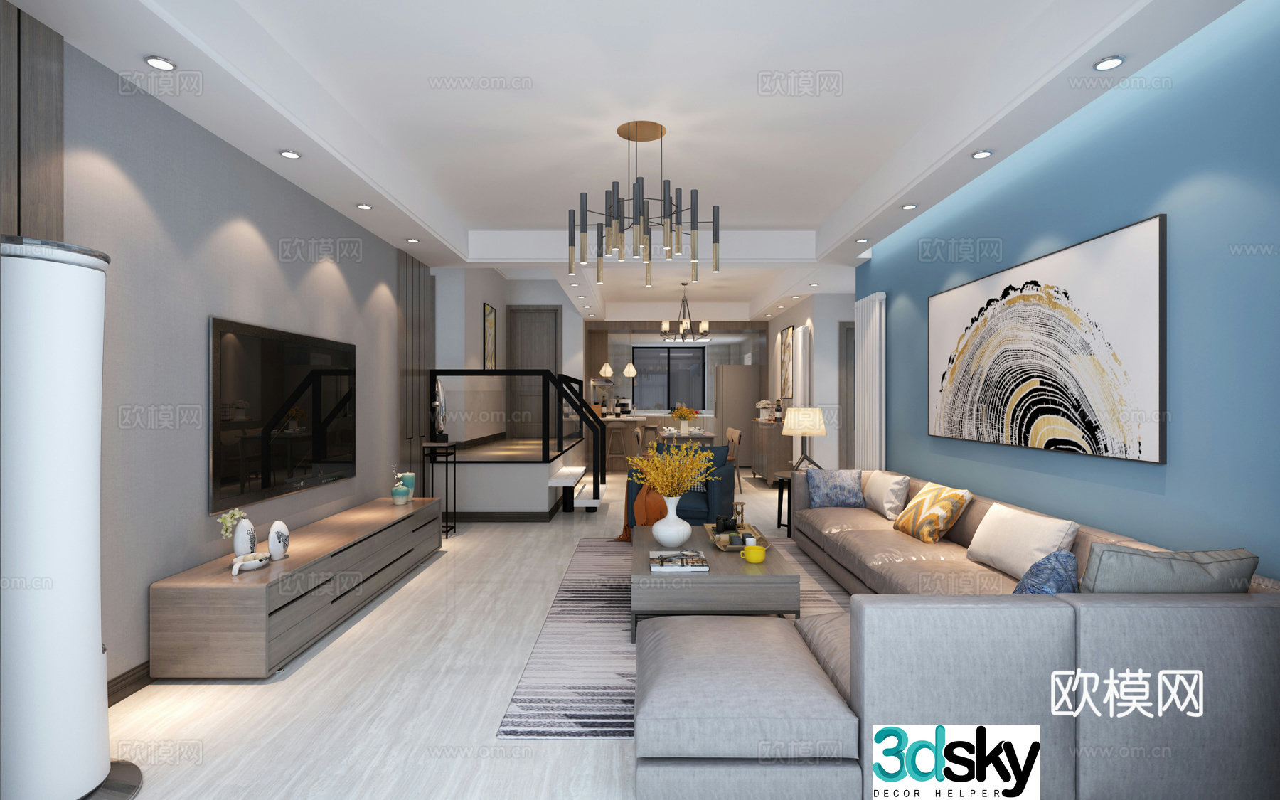 Fake duplex modern minimalist living dining kitchen sofa coffee table chandelier dining table chair TV cabinet 3d model